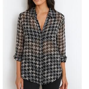 Equipment Femme SZ S 100% Silk Black & Gray Houndstooth Button Up Sheer Blouse
